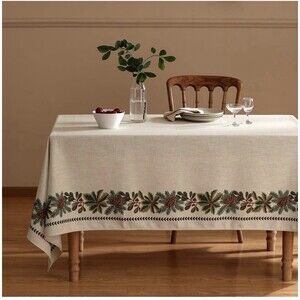 ISAENNE Linen Christmas Tablecloth 63x94 Light Beige Wrinkle Resistant